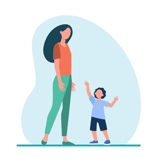 Little son reaching arms to his mom. Woman and kid walking together flat illustration.