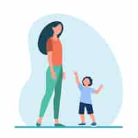 Бесплатное векторное изображение Маленький сын тянется за руки к своей маме. женщина и ребенок гуляют вместе плоской иллюстрации.