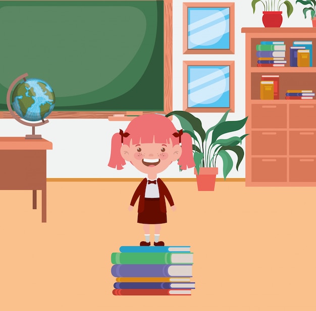 Little student girl with pile books in the classroom