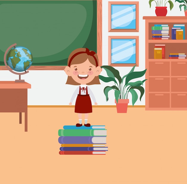 Little student girl with pile books in the classroom