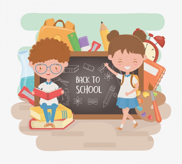 Free vector little students couple with chalkboard and school supplies