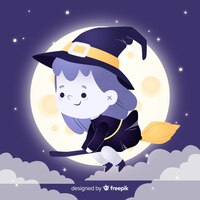 little witch girl flying on her broom