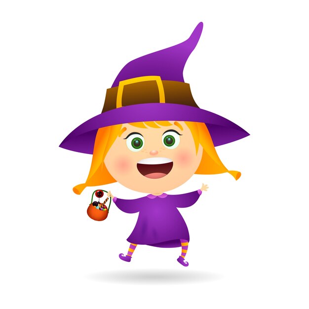 Little witch with bowl of candies