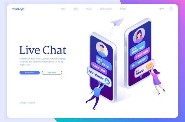 Live chat website. Online service for conversation with customer support. Vector landing page of live client support with isometric illustration of smartphones with messenger interface and people