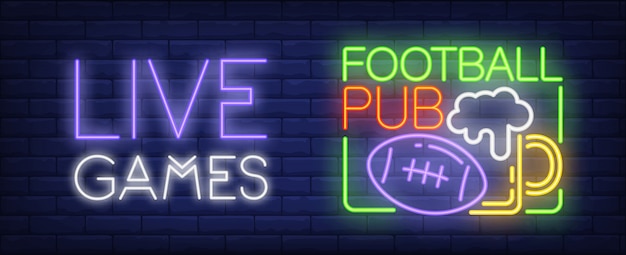Live games neon sign. American football ball and beer mug.