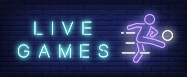 Live games neon text with football player kicking ball