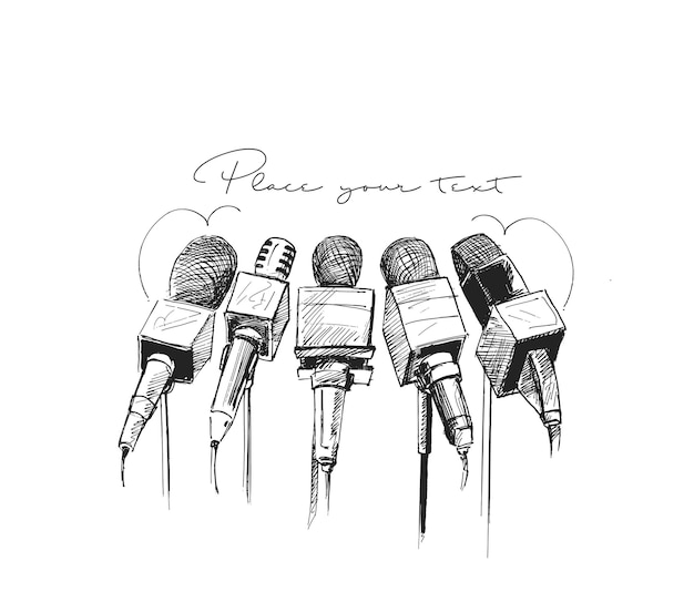 Live news template with microphone Journalism concept Hand Drawn Sketch Vector illustration