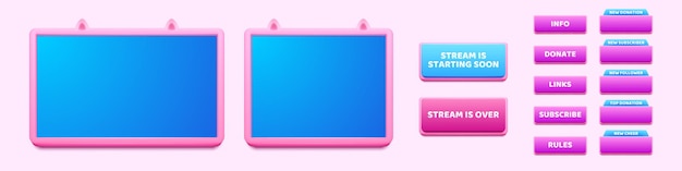 Бесплатное векторное изображение Прямая трансляция фон онлайн окна и кнопки мультимедийного проигрывателя пользовательский интерфейс розового и синего цветов канал социальных сетей, видеоблог, трансляция в прямом эфире мультфильм векторная иллюстрация