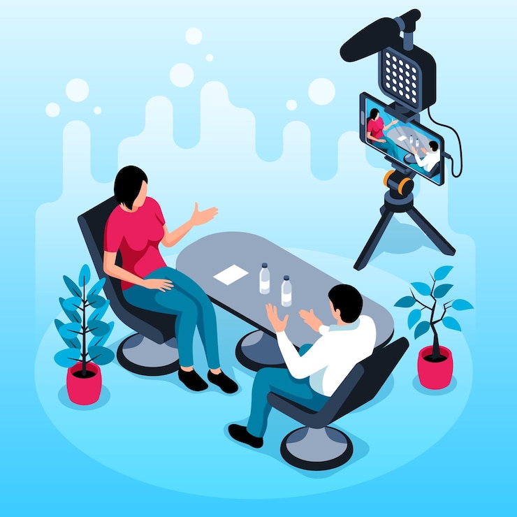 Free Vector live streaming isometric background with male and woman characters talking at table and shooting video by smartphone camera vector illustration