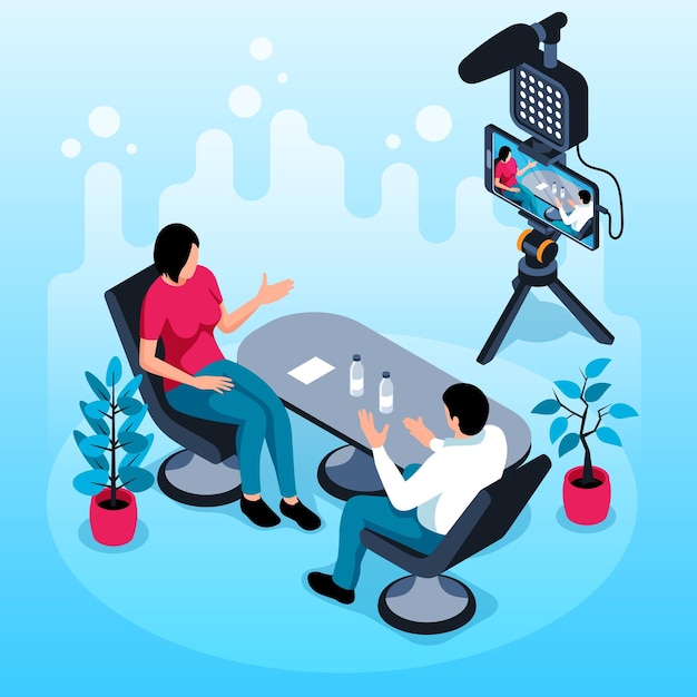 Live streaming isometric background with male and woman characters talking at table and shooting video by smartphone camera vector illustration