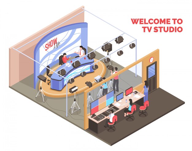 Live Tv Show With Two Anchormen Broadcasting From Studio Isometric Concept On White Background