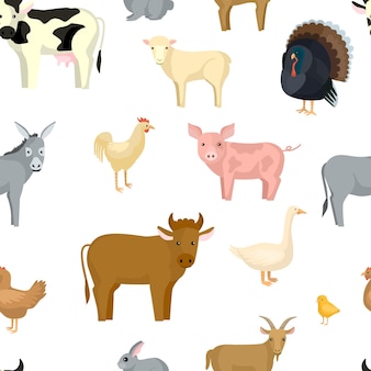 Livestock seamless pattern on white background farm birds and animals in the style cartoon