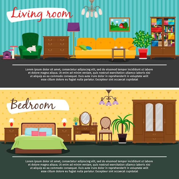 Living room and bedroom home interior vector illustration