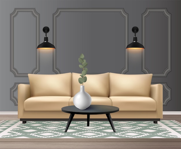 Классический интерьер гостиной в реалистичном стиле с диваном, журнальным столиком и светящимися настенными светильниками, векторная иллюстрация
