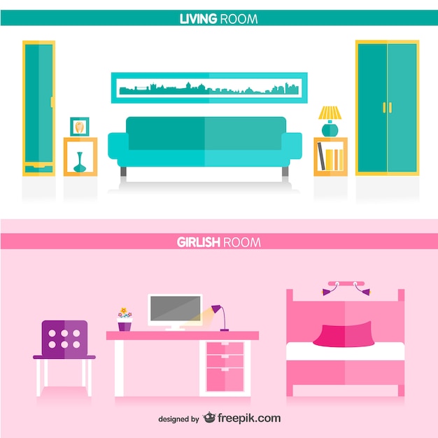 Free vector living room and girl's room
