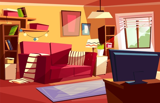 Living room illustration of modern or retro apartments interior. 