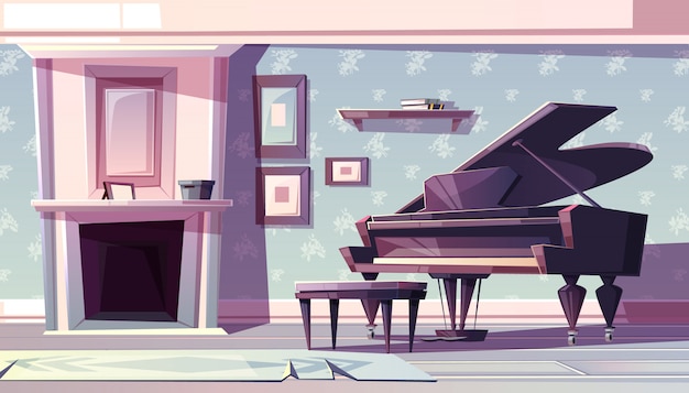 Free vector living room interior in classic style with fireplace, grand piano and paintings