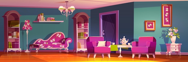 Living room interior in cute princess style pink