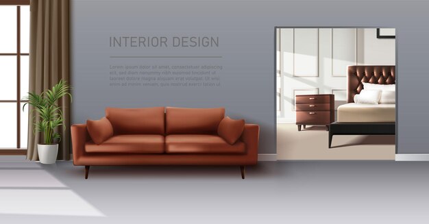 Living room interior design Realistic vector background Sofa window and betroom