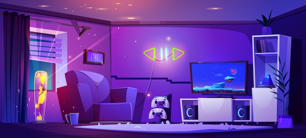 Living room interior at night with gamer stuff