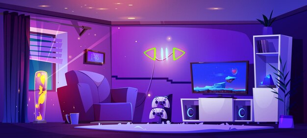 living room interior at night with gamer stuff