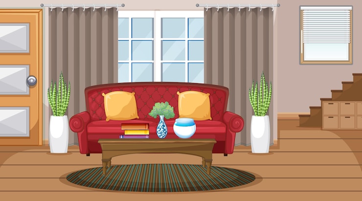 Free Vector living room interior scene with furniture and living room decoration