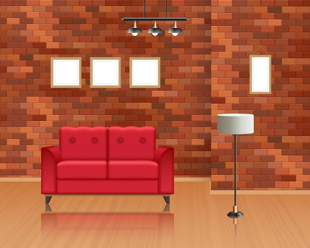 Living Room Interior With Brick Wall, Floor And Decor Brick Wall Tile