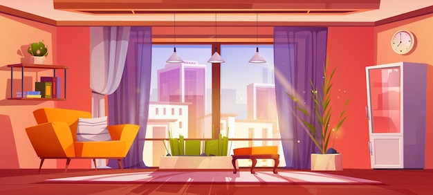 Free vector living room interior with cityview from window cartoon vector background modern home design furniture illustration with plant couch and lamp inside lounge armchair scene in urban hotel apartment