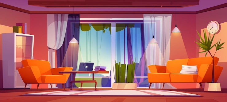 Free Vector living room interior with large panoramic windows