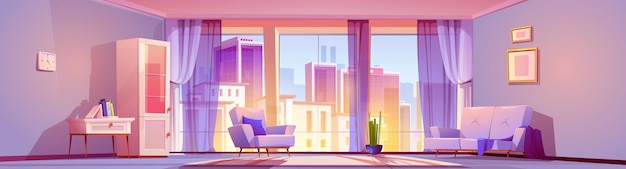 Free vector living room interior with panoramic window vector