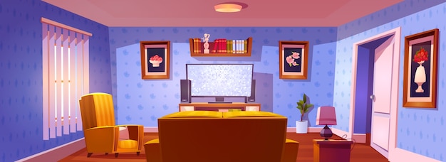 Interiore del soggiorno con vista posteriore su divano, sedia e schermo tv luminoso