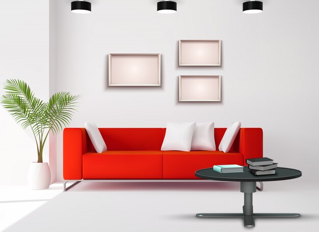빨간 소파와 거실 공간 이미지 보완 화이트 블랙 인테리어 세부 사항 현실적인 홈 디자인 일러스트 레이션