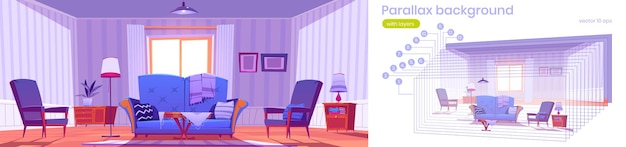 青いソファ、アームチェア、コーヒーテーブル、ランプ付きのリビングルーム。ヴィンテージ家具、枕とカーペットとソファと漫画のインテリアと2dアニメーションのベクトル視差背景