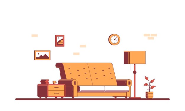 家具付きのリビングルーム 居間のインテリアのフラットスタイルのイラスト プレミアムベクター 家具付きのリビングルーム 居間のインテリアのフラットスタイルのイラスト プレミアムベクター