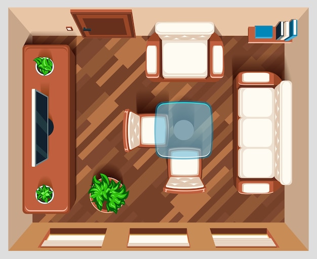 Бесплатное векторное изображение Гостиная с мебелью вид сверху. внутренняя комната для гостиной, домашняя комната, вид на верхнюю комнату, иллюстрация мебели для стола и кресла