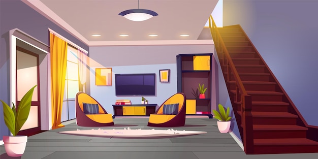 Бесплатное векторное изображение Гостиная с телевизором в современном доме векторная мультяшная иллюстрация домашнего интерьера, кресла и ковер на деревянном полу, книги на столе, рамки для картин на стене, лестница, утренний солнечный свет в окне