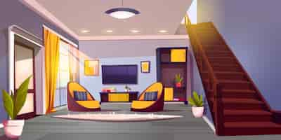 Free vector living room with tv in modern house vector cartoon illustration of home interior armchairs and carpet on wooden floor books on table picture frames on wall stairscase morning sunlight in window