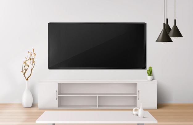 広い液晶テレビスクリーンスタンドとテーブルのあるリビングルーム壁にぶら下がっているフラットプラズマテレビセットとモダンな家のインテリアのベクトルリアルなイラスト白い家具植物と黒いランプ