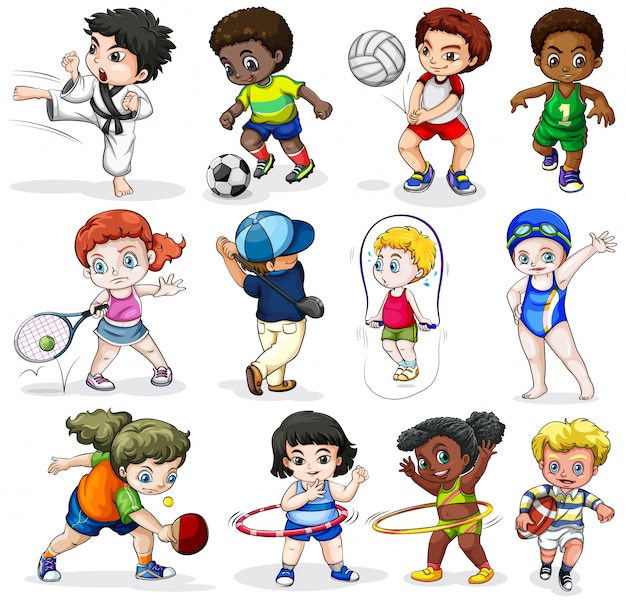 Free vector lllustration of the kids engaging in different sports activities on a white background