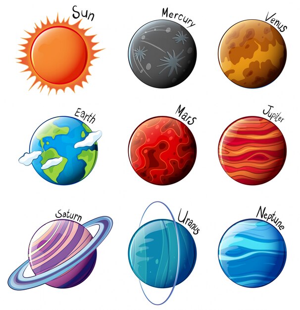 Иллюстрации планет Солнечной системы на белом фоне