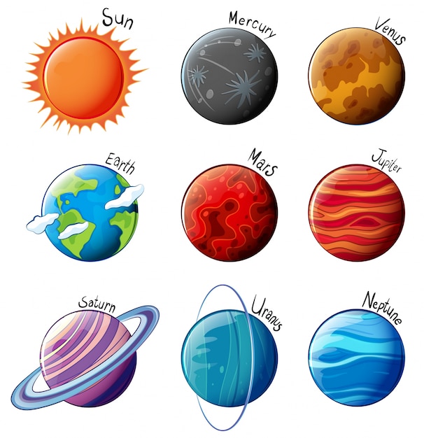 lllustration of the planets of the Solar System on a white background