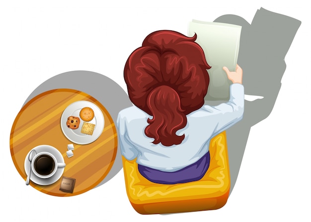 Free vector lllustration of a topview of a woman reading beside the table on a white background