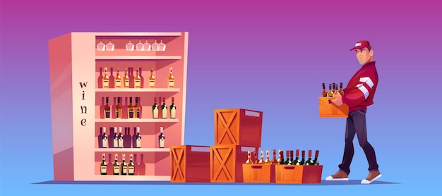 Бесплатное векторное изображение Погрузчик несет ящик с бутылками для хранения, магазина или бара. доставка алкогольных напитков. карикатура иллюстрации с мужчиной, держащим деревянный ящик с вином и стеклянными бутылками на подставке