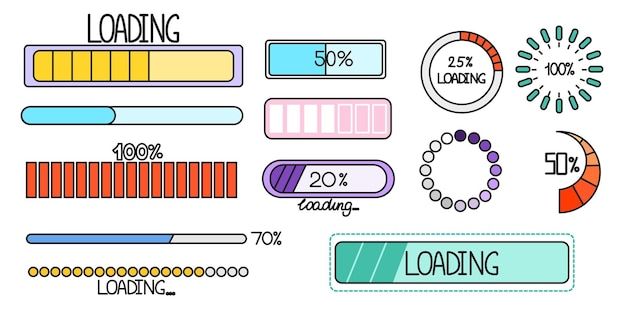 Loading progress bar icons in doodle style hand drawing loader button and updated progress circle up