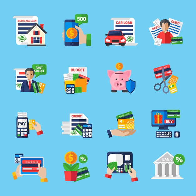 Loan Debt Flat Color Icons Set 
