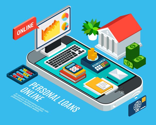 Loans isometric composition with mobile banking related and documents on smartphone screen