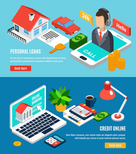 loans isometric horizontal banners set with text read more button and credit related compositions
