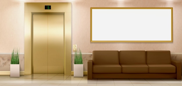 Lobby interior with gold lift doors couch and empty banner hall with closed elevator