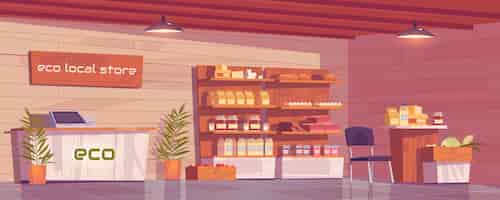 Free vector local eco store empty interior, grocery shop with ecological production on wooden shelves.