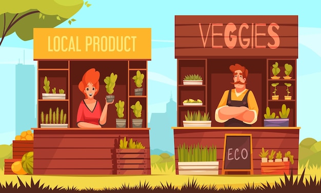 Бесплатное векторное изображение Фон местного фермерского рынка с персонажами мужского и женского пола, продающими овощи в уличных киосках.
